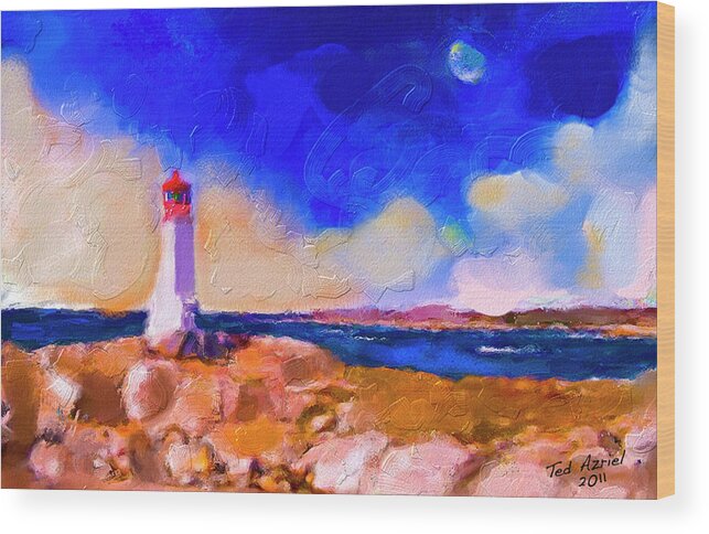 Light House Art Paintings Wood Print featuring the painting Light House At Peggys Cove by Ted Azriel