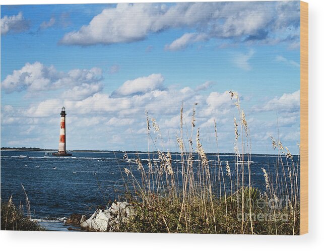 Beach Wood Print featuring the photograph Lighthouse by the Beach by Stephanie Frey