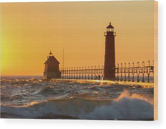 Photography Wood Print featuring the photograph Lighthouse On The Jetty At Dusk, Grand by Panoramic Images