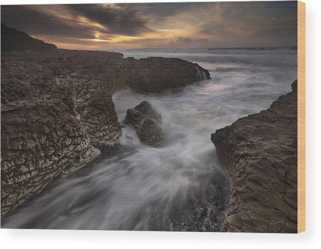 535896 Wood Print featuring the photograph Limestone Rocks And Waves On Paterau by Colin Monteath