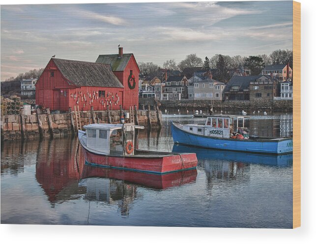 Motif Number One Rockport Lobster Shack By Jeff Folger Wood Print featuring the photograph Lobster boats at Motif 1 by Jeff Folger