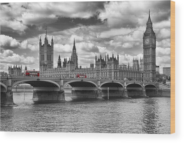 British Wood Print featuring the photograph LONDON - Houses of Parliament and Red Buses by Melanie Viola