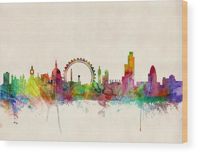 Watercolor Art Print Of The Skyline Of The City Of London Wood Print featuring the digital art London Skyline Panoramic by Michael Tompsett