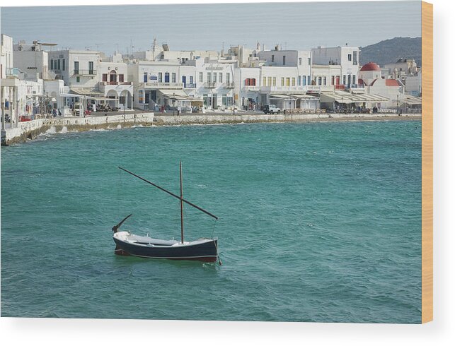 Greece Wood Print featuring the photograph Lone Boat Anchored Off Mykonos - A by Gregory Adams