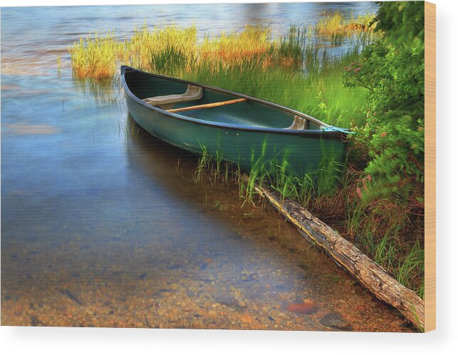 Tranquility Wood Print featuring the photograph Lone Canoe Moored On Shores Of Upper by Anna Gorin