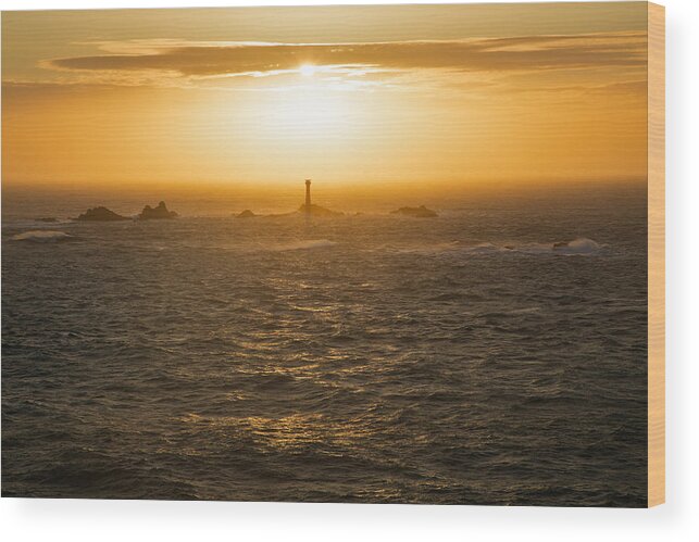 Lighthouse Wood Print featuring the photograph Longships Lighthouse at sunset by Ian Middleton