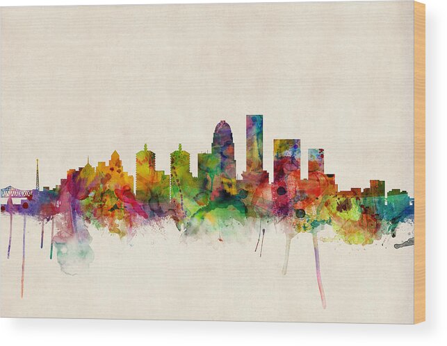 Watercolour Wood Print featuring the digital art Louisville Kentucky City Skyline by Michael Tompsett