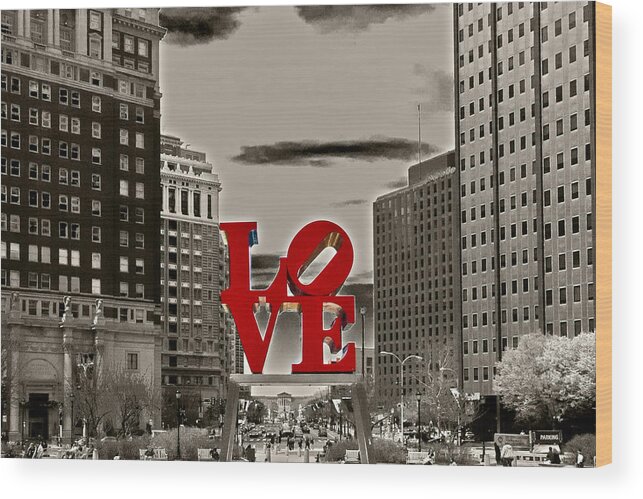 City Wood Print featuring the photograph Love Sculpture - Philadelphia - BW by Lou Ford