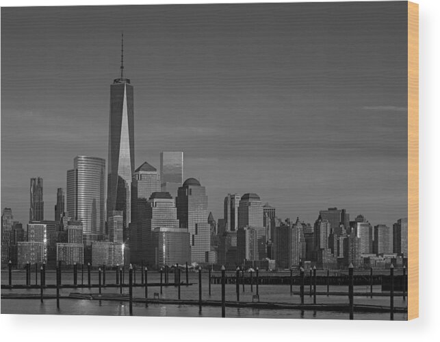 World Trade Center Wood Print featuring the photograph Lower Manhattan Skyline BW by Susan Candelario