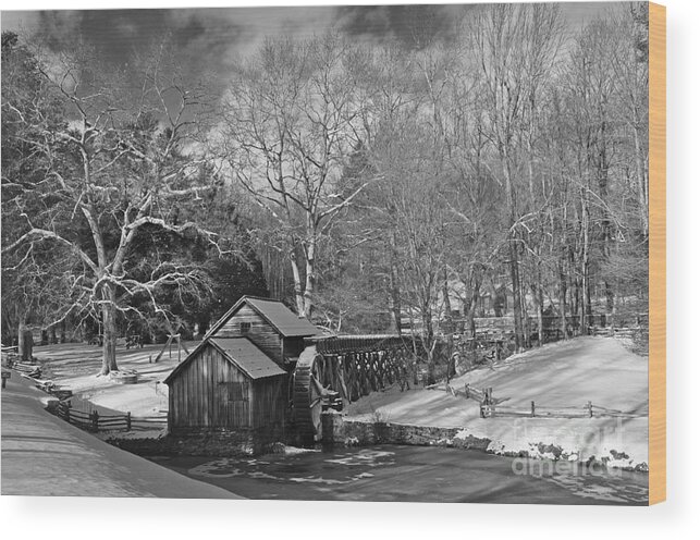 Black And White Wood Print featuring the photograph Mabry Mill in Snow by Randy Rogers