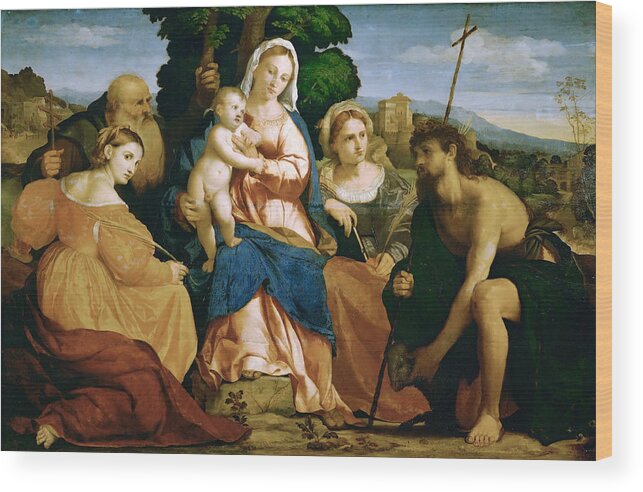 Palma Vecchio Wood Print featuring the painting Madonna and Child with St Catherine and St Celestine and John the Baptist and St Barbara by Palma Vecchio