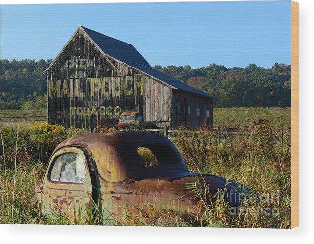 Paul Ward Wood Print featuring the photograph Mail Pouch Barn and Old Cars by Paul Ward