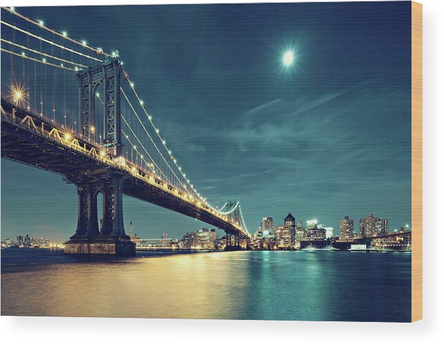Built Structure Wood Print featuring the photograph Manhattan Bridge In Night With Moon by Ricowde