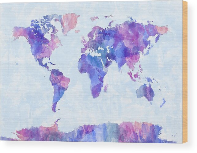Map Of The World Wood Print featuring the digital art Map of the World Map Watercolor Painting by Michael Tompsett