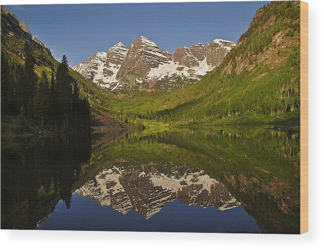 Photography Wood Print featuring the photograph Maroon Bells Reflection Summer by Lee Kirchhevel