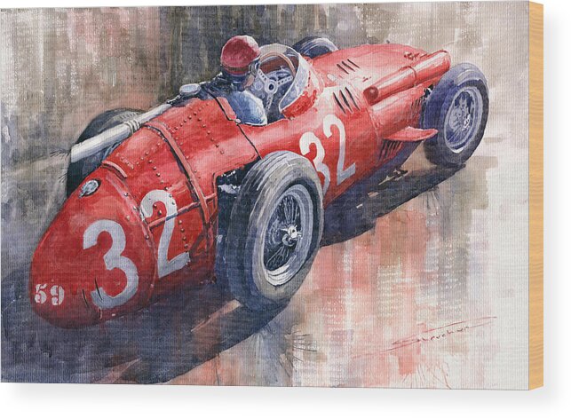 Watercolor Wood Print featuring the painting Maserati 250F J M Fangio Monaco GP 1957 by Yuriy Shevchuk