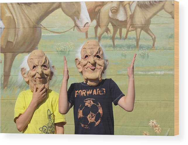 Portrait Wood Print featuring the photograph Masks and Murals in Big Timber Montana by Mary Lee Dereske