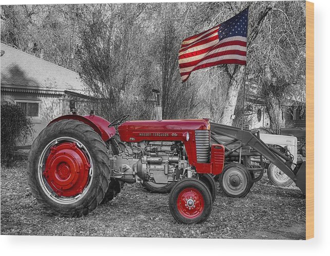 Tractor Wood Print featuring the photograph Massey - Feaguson 65 Tractor with USA Flag BWSC by James BO Insogna