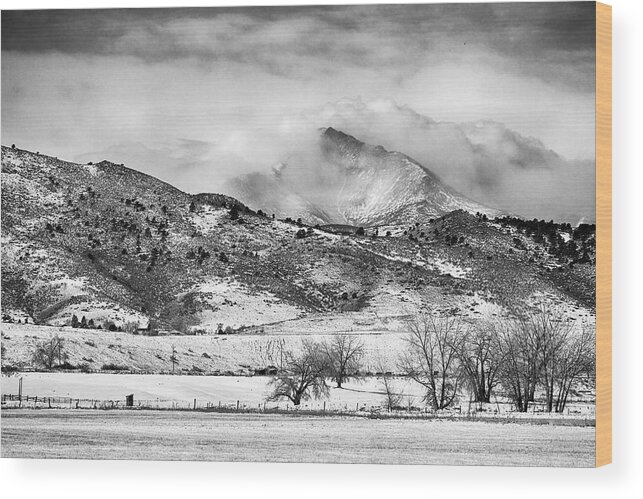 Longs Peak Wood Print featuring the photograph Meeker and Longs Peak in Winter Clouds BW by James BO Insogna