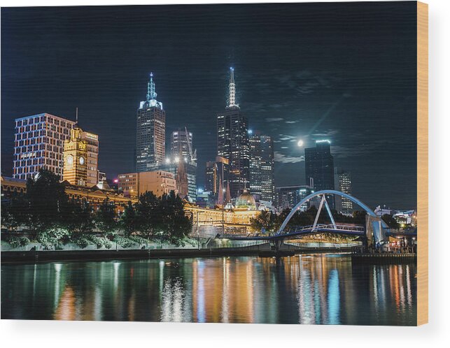 Clock Tower Wood Print featuring the photograph Melbourne In Night by Kenji Lau