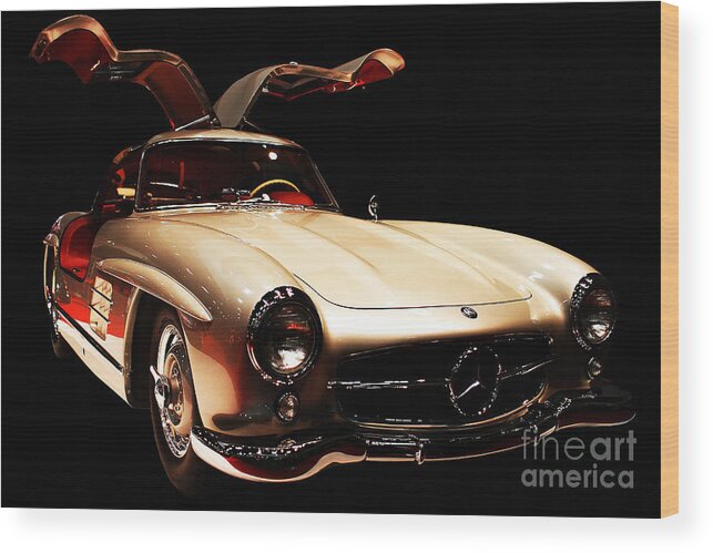 Mercedes 300sl Gullwing Wood Print featuring the photograph Mercedes 300SL Gullwing . Front Angle Black BG by Wingsdomain Art and Photography