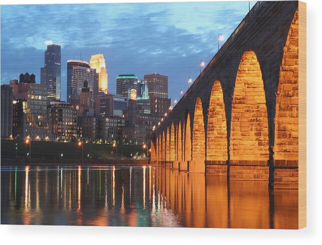 Minneapolis Skyline Wood Print featuring the photograph Minneapolis Skyline Photography Stone Arch Bridge by Wayne Moran