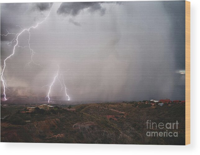 Lightning Wood Print featuring the photograph Monsoon Lightning Storm over the Jerome State Park in the Verde Valley Arizona by Ron Chilston