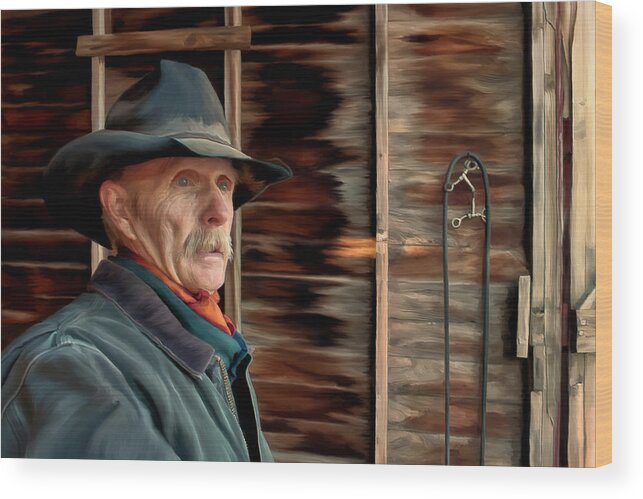 Cowboy Wood Print featuring the painting Montana Cowboy by Michael Pickett