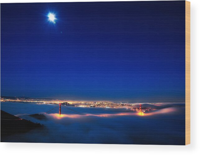 Bay Area Wood Print featuring the photograph Moon over San Francisco in Fog by Joel Thai