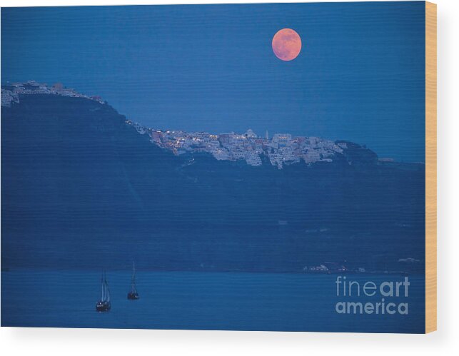 Santorini Wood Print featuring the photograph Moon Over Santorini by Brian Jannsen