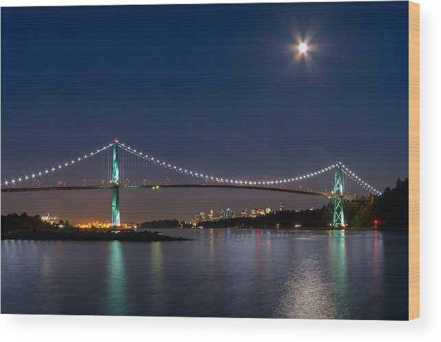 Bridge Wood Print featuring the photograph Moon Rise Over Vancouver by Michael Russell