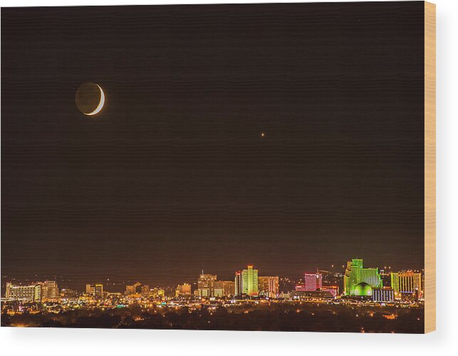 New Moon Wood Print featuring the photograph Moon-Venus over Reno by Janis Knight