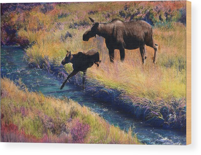 Moose Wood Print featuring the painting Moose and Calf by Cindy McIntyre