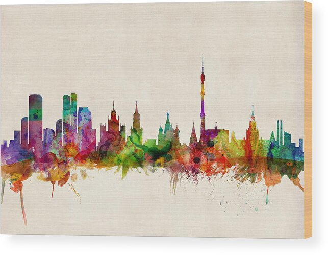Watercolour Wood Print featuring the digital art Moscow Skyline by Michael Tompsett