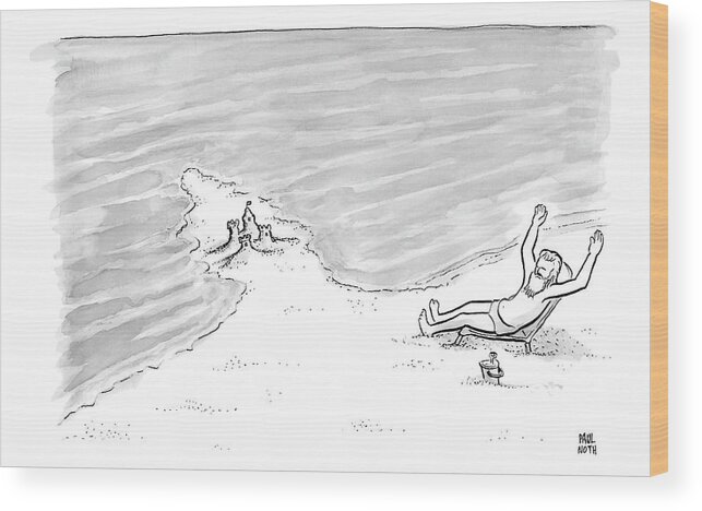 Captionless Wood Print featuring the drawing Moses Is Laying On A Beach Chair Parting The Sea by Paul Noth