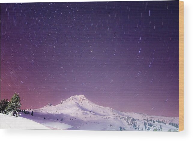  Snowfall Wood Print featuring the photograph Mount Hood and Stars by Darren White