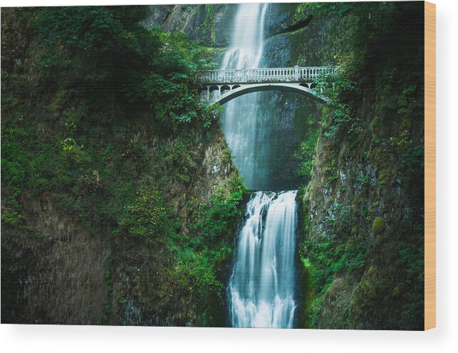 Waterfall Multnomah Falls Oregon Landcape Bridge Nature Water Gr Wood Print featuring the photograph Multnomah Abbreviated by Brian Bonham