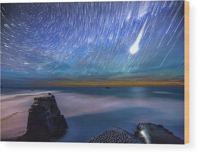 Tranquility Wood Print featuring the photograph Muriwai Startrails by Mike Mackinven