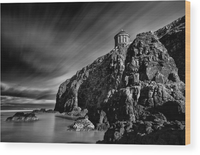 Mussenden Temple Wood Print featuring the photograph Mussenden Temple and Sea Stack by Nigel R Bell