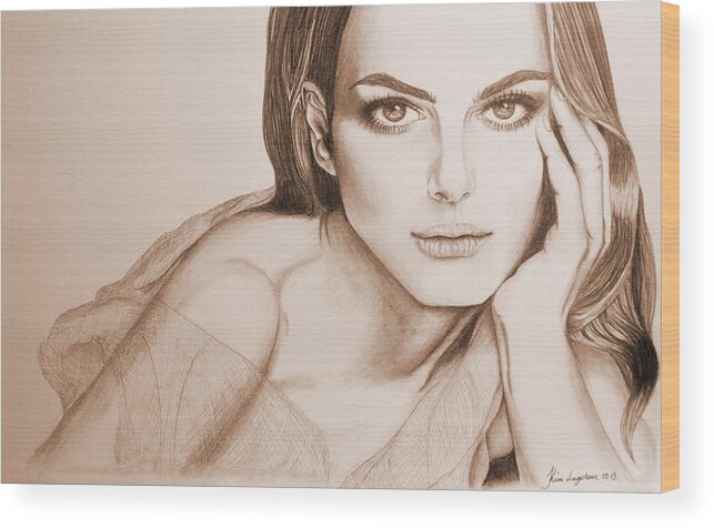 Girl Wood Print featuring the drawing Natalie Portman by Kim Lagerhem