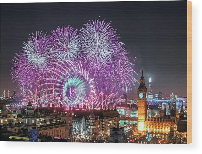 Fireworks Wood Print featuring the photograph New Year Fireworks by Stewart Marsden