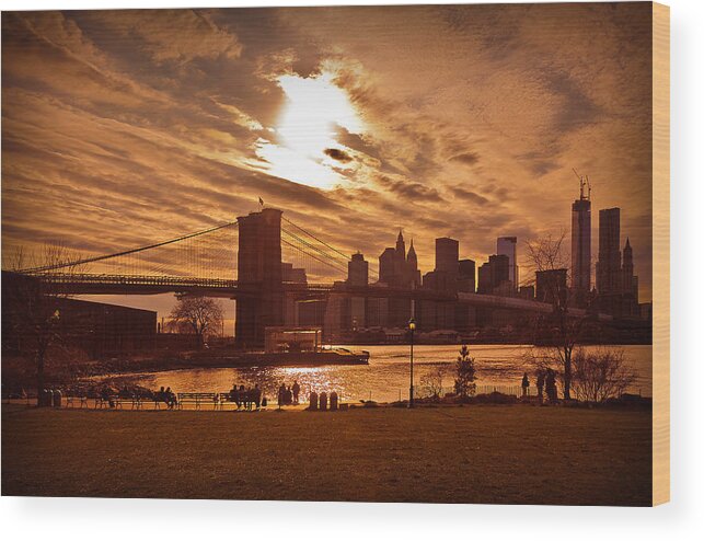 New York Wood Print featuring the photograph New York Skyline and Brooklyn Bridge -- Late Afternoon by Mitchell R Grosky