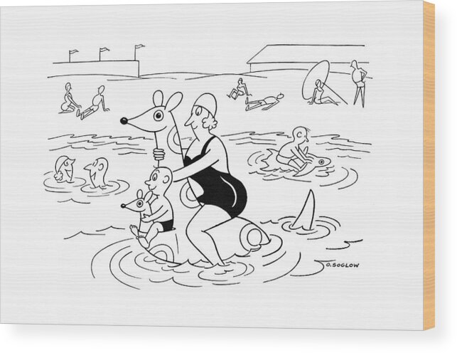 113448 Oso Otto Soglow Woman And Son At The Beach. In The Water On A Float Kangaroo. Beach Beaches Boardwalk Boardwalks Child Childhood Children Families Family ?oat Kangaroo Kids Lake Lakes Ocean Oceans Parenting Parents Rearing Sand Sea Seas Seashore Seashores Shore Shores Son Swim Swimmer Swimmers Swimming Swims Vacation Water Waters Woman Wood Print featuring the drawing New Yorker July 1st, 1944 by Otto Soglow