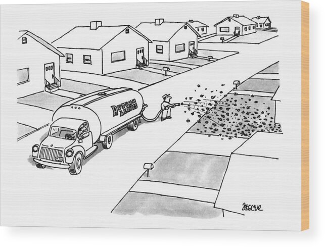 (worker Is Spraying Leaves Onto The Yard Of A Suburban House With A Hose Connected To A Truck That Has A Sign On It That Reads 'autumn Leaves.')
Seasons Wood Print featuring the drawing New Yorker November 25th, 1996 by Jack Ziegler