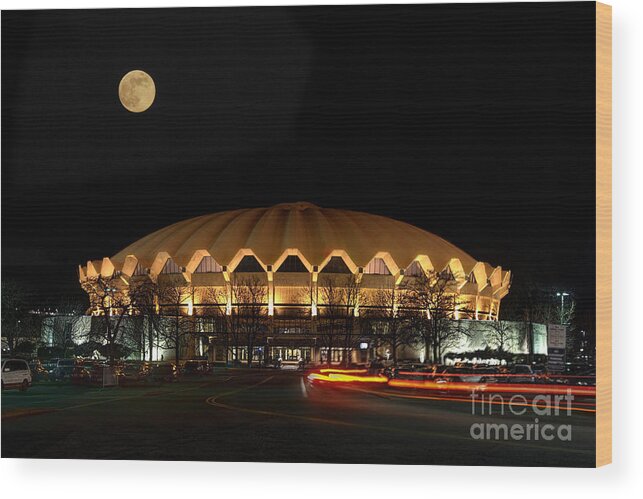  Wvu Wood Print featuring the photograph night and moon WVU basketball arena by Dan Friend