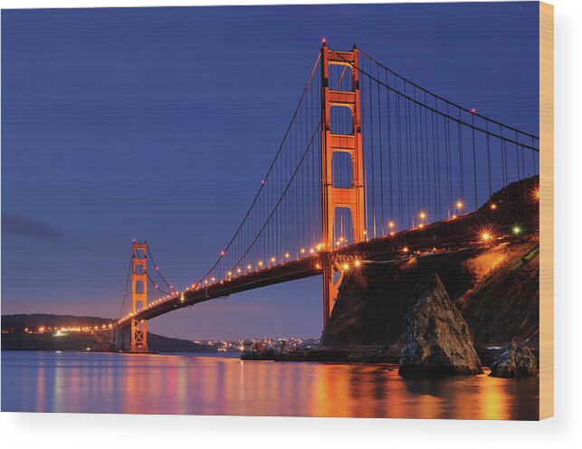Scenics Wood Print featuring the photograph Night Landscape With Golden Gate by Rezus
