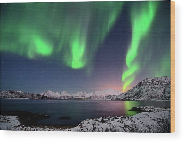 Tranquility Wood Print featuring the photograph Northern Lights And Moonlit Landscape by John Hemmingsen