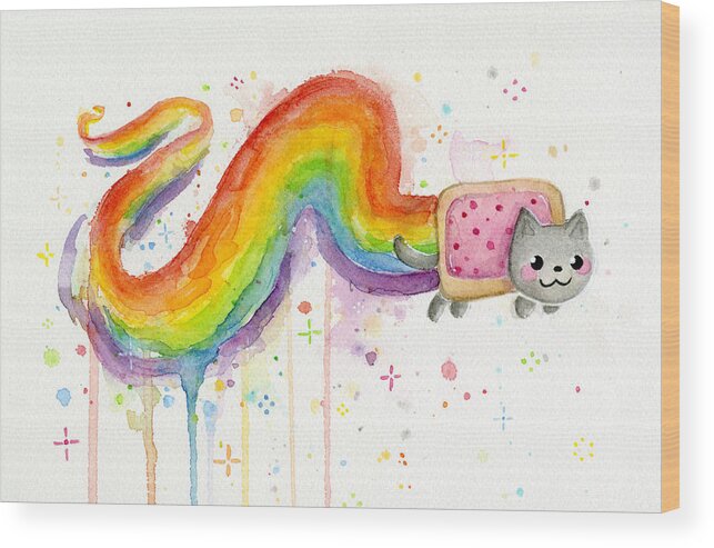 Nyan Wood Print featuring the painting Nyan Cat Watercolor by Olga Shvartsur