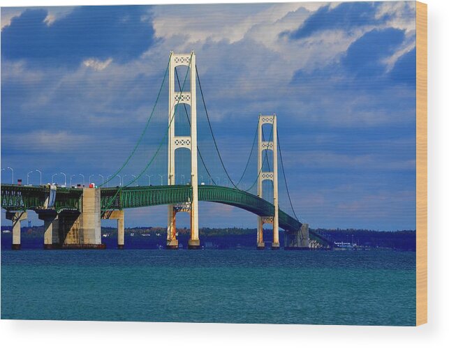 Michigan Wood Print featuring the photograph October Sky Mackinac Bridge by Keith Stokes