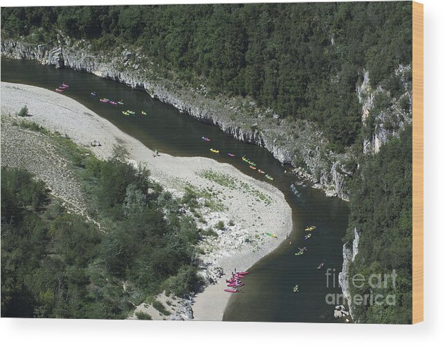 France Wood Print featuring the photograph oing down Ardeche River on canoe. Ardeche. France by Bernard Jaubert